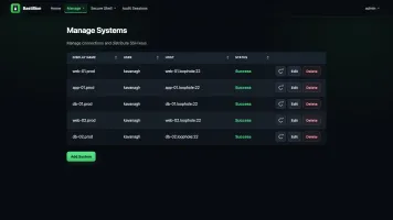 Manage Systems screen showing registered hosts with Success status