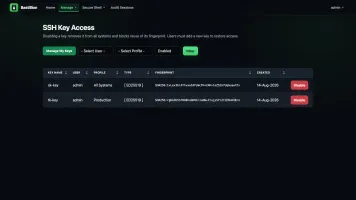 Manage SSH keys with profile, fingerprint, creation date, and delete actions