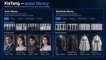 XiaTang asset library with characters, scenes, props, and voices